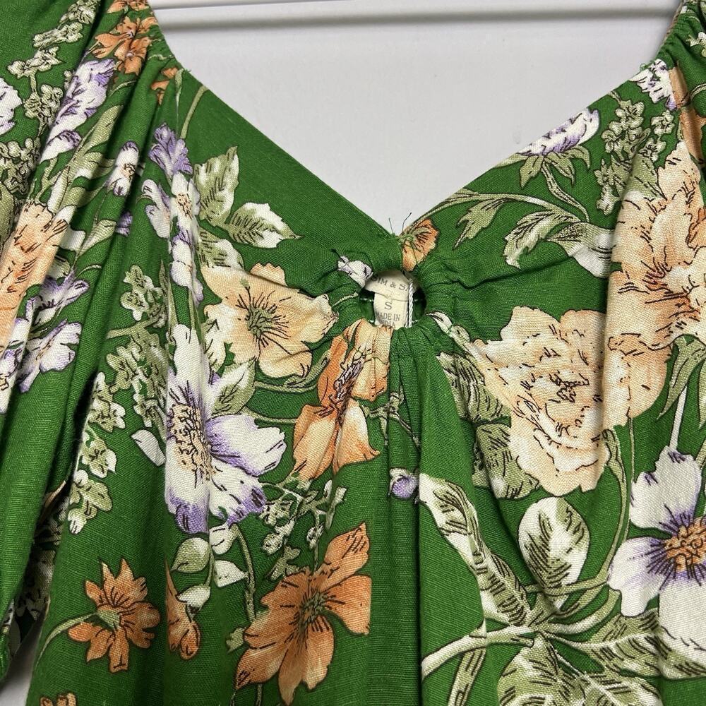 NWT Sim & Sam Dress Linen Blend Floral Sz S Ruffled Babydoll Vacation Green Boho - Picture 2 of 15